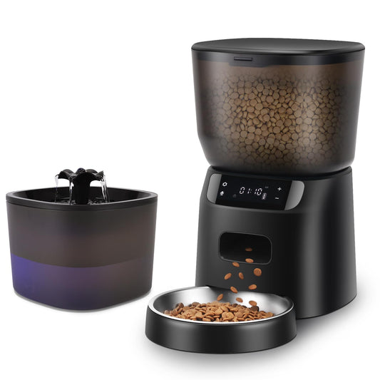 Automatic Cat Feeder and Water Fountain 4L/16 Cups Automatic Cat Food Dispenser10s Meal Call and Timer Setting 20 Portions 6 Meals Per DayPet Feeder for Cat and Dog Black